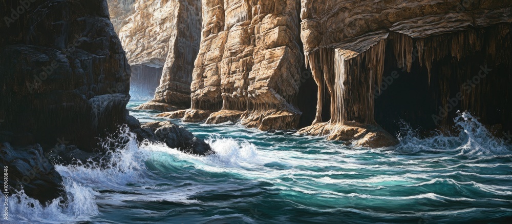 Poster limestone cliffs by turbulent sea featuring caves and rugged shoreline with waves crashing against t