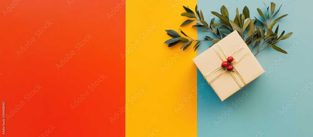Poster presents arranged creatively on a vibrant multicolored backdrop with decorative foliage and festive 