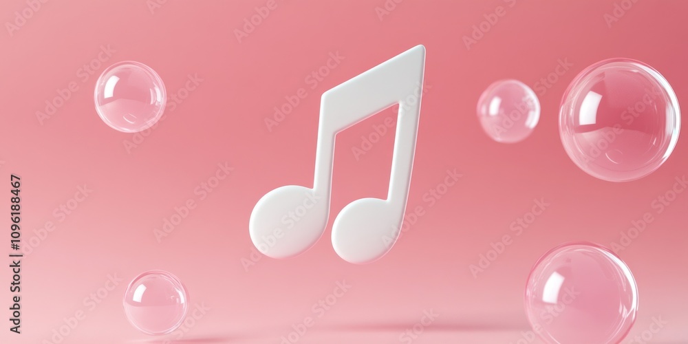 Poster a musical note surrounded by bubbles on a soft pink background, evoking a playful atmosphere.