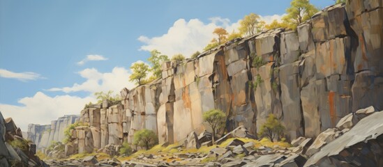 Rocky cliffs adorned with spring foliage under a clear blue sky highlighting nature's vibrant beauty and rugged landscape.