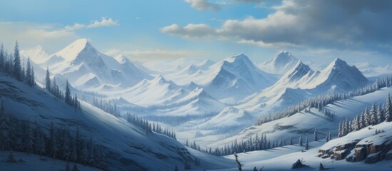 Majestic snowy mountain landscape with towering peaks and a serene sky creating a tranquil winter scene ideal for outdoor enthusiasts.