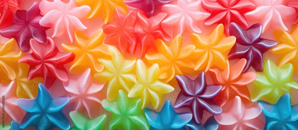 Poster Colorful flower shaped candy gum arranged in vibrant patterns creating a playful and cheerful background design suitable for various projects