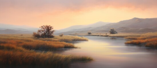 serene sunrise over tranquil landscape with gentle river and soft lighting in the early morning mist