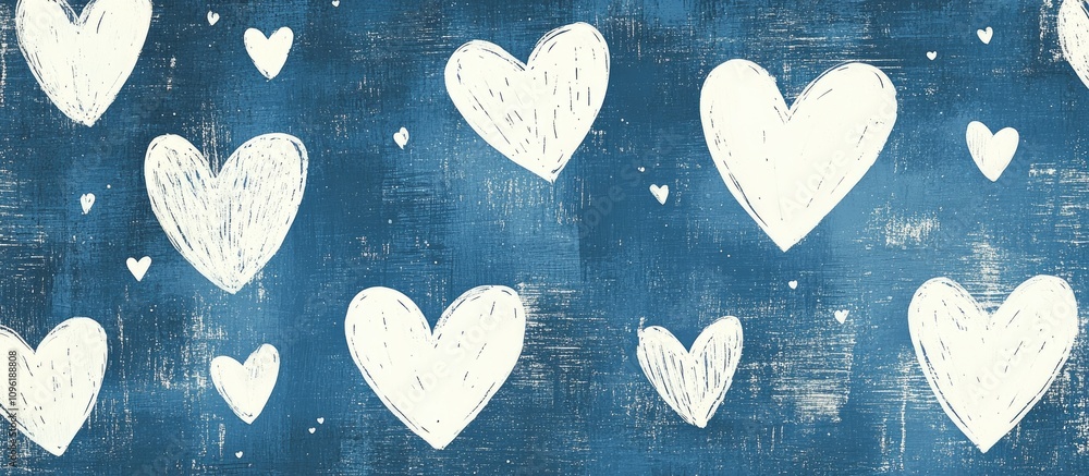 Poster white hearts scattered on a textured blue background creating a charming and whimsical card design f