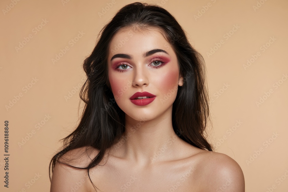 Poster Beautiful brunette woman showing her professional makeup on beige background