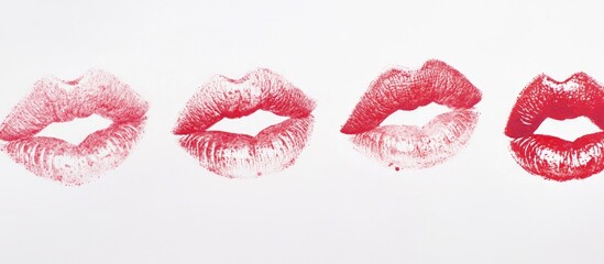 Kiss marks in various shades of red on a clean white background showcasing romance and beauty themes for advertising and design.