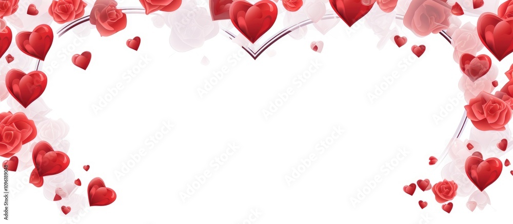 Poster romantic frame design with red hearts and roses on a white background ideal for invitations or love 