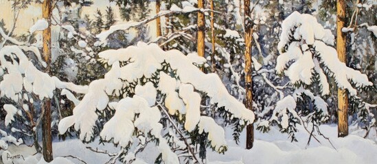 Snow-covered spruce branches amidst a serene winter park landscape with trees creating a picturesque and tranquil snowy scene.