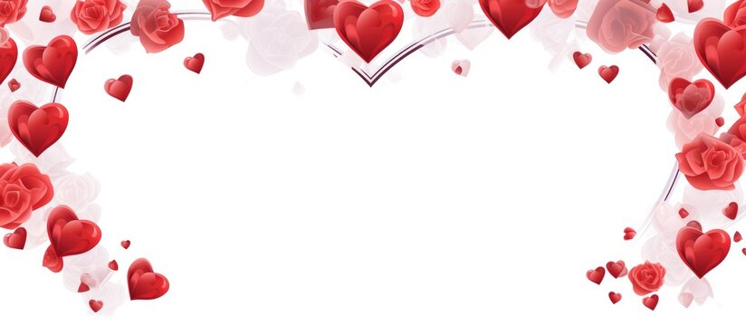 Romantic frame design with red hearts and roses on a white background ideal for invitations or love notes. Space available for custom text