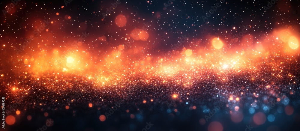 Poster abstract bokeh lights with shimmering glitter texture on a dark background creating a dreamy and glo