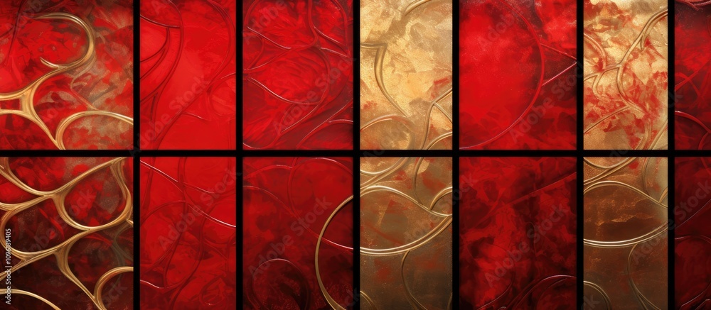 Poster elegant shimmering red abstract background with intricate gold patterns suitable for textiles and mo