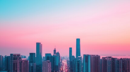 A vibrant city skyline at sunset with a gradient of pink and blue hues illuminating the buildings.