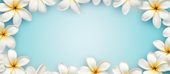 Artificial plumeria flower frame with blank light blue background ideal for invitations or greeting cards design