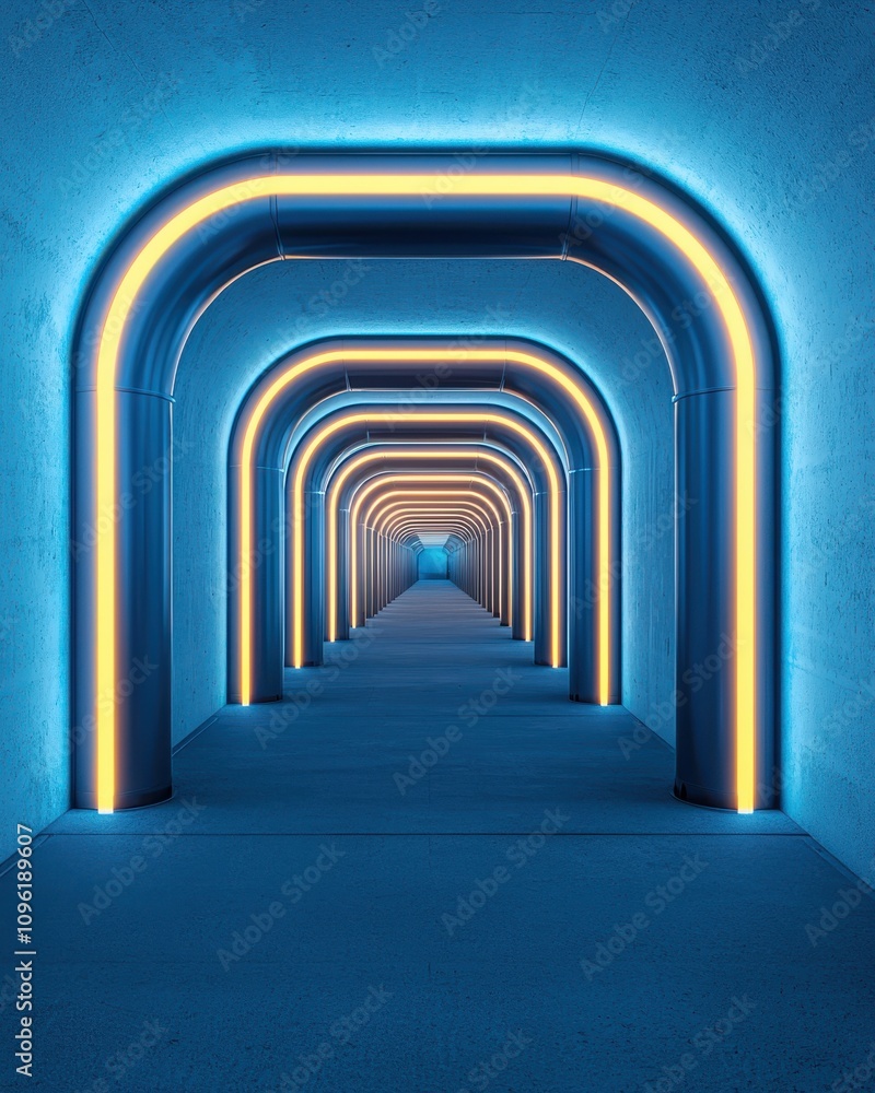 Poster a vibrant, illuminated corridor featuring arched structures with blue and yellow lighting, creating 