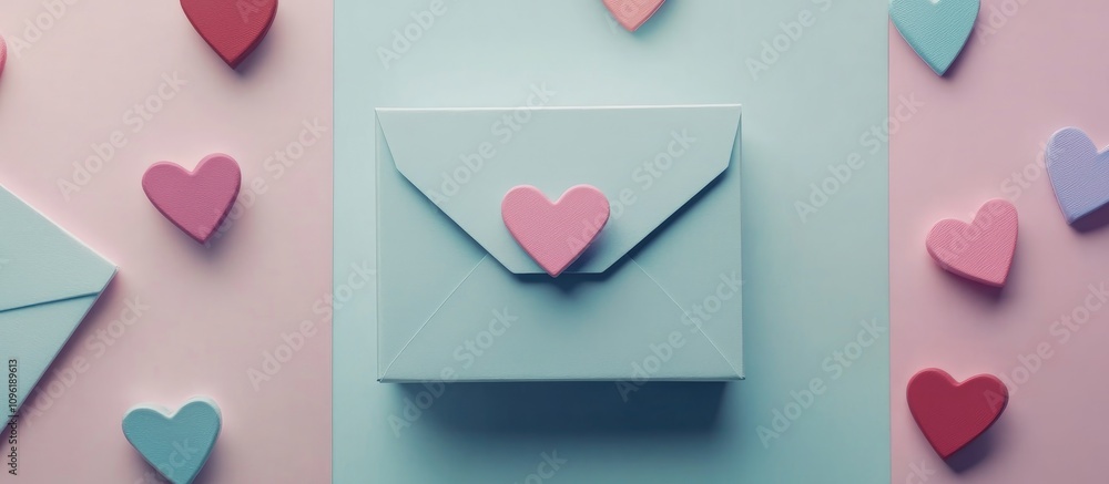 Poster box with hearts and envelope on pastel background for love and romance concepts flat lay overhead vi