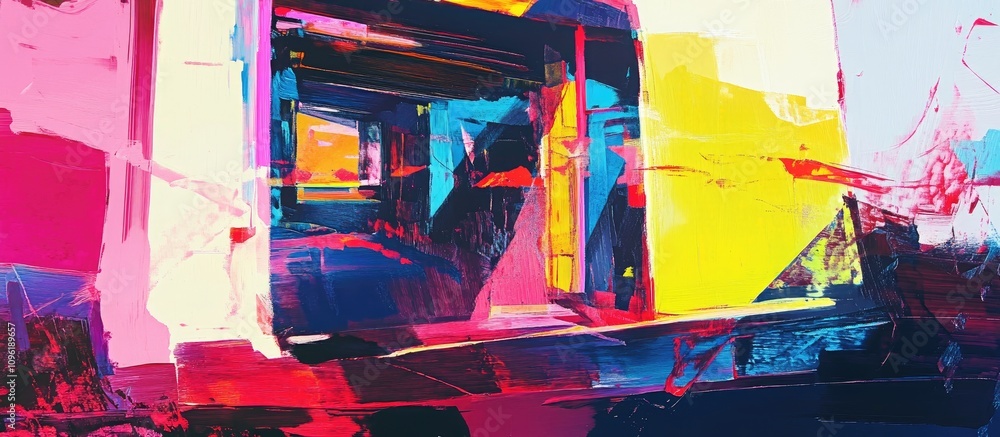 Poster colorful abstract architecture with bold geometric shapes and vibrant hues creating an artistic exte