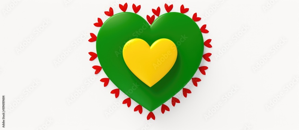 Poster colorful heart design with green yellow elements and red arrows in circular pattern symbolizing love