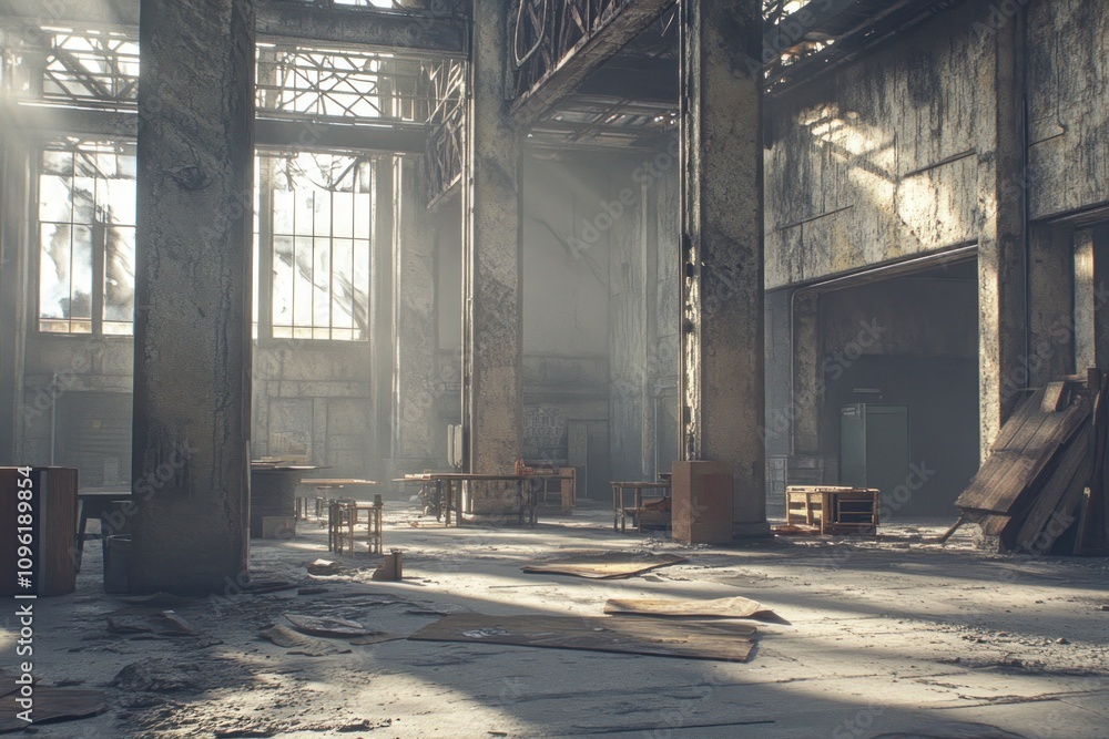 Poster An abandoned industrial space with light streaming through dusty windows.