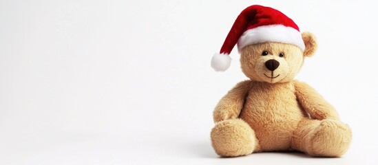 Christmas teddy bear with Santa hat sitting against a clean white background for festive holiday decorations and seasonal celebrations