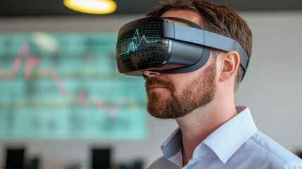 Young professional wearing virtual reality headset in modern office environment, exploring advanced technology for data visualization and analysis in financial sector
