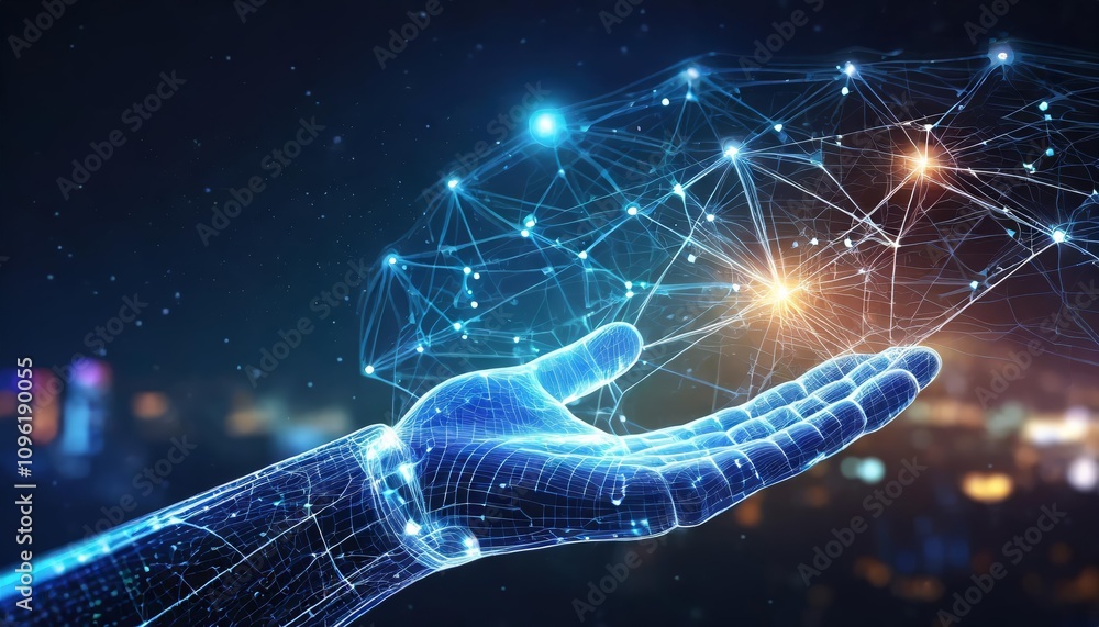 Poster futuristic digital hand hologram on a dark background with copy space, representing neural network c