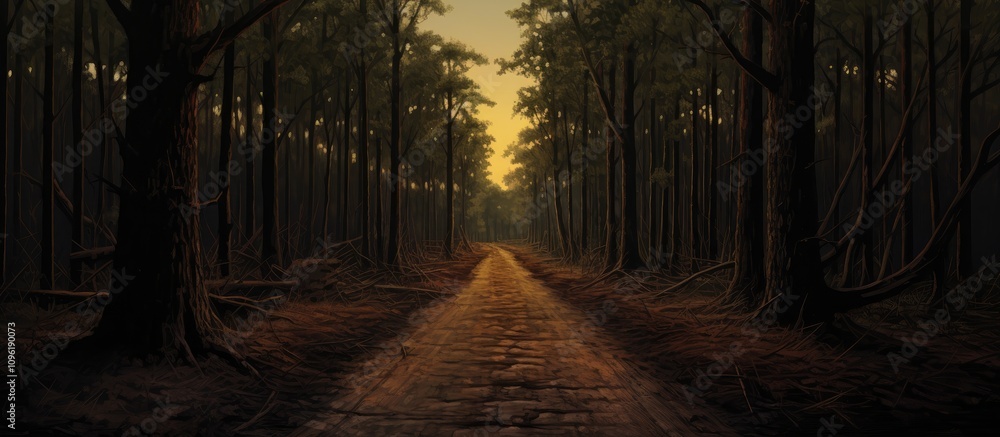 Poster serene forest pathway at dusk illuminated by soft light creating a tranquil atmosphere in nature set