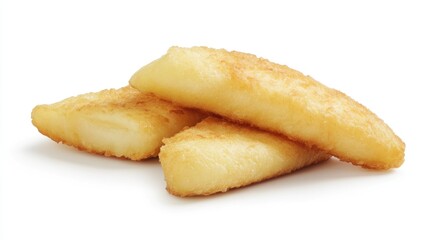 Crispy golden potato wedges stacked against a clean white backdrop showcasing their crunchy texture and delicious appeal.