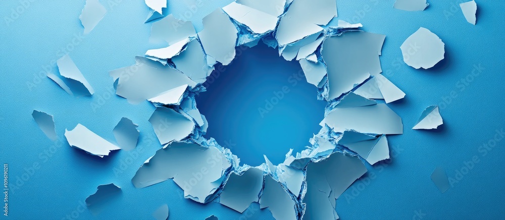 Poster blue backdrop featuring a central ripped paper hole with scattered pieces creating an artistic and d