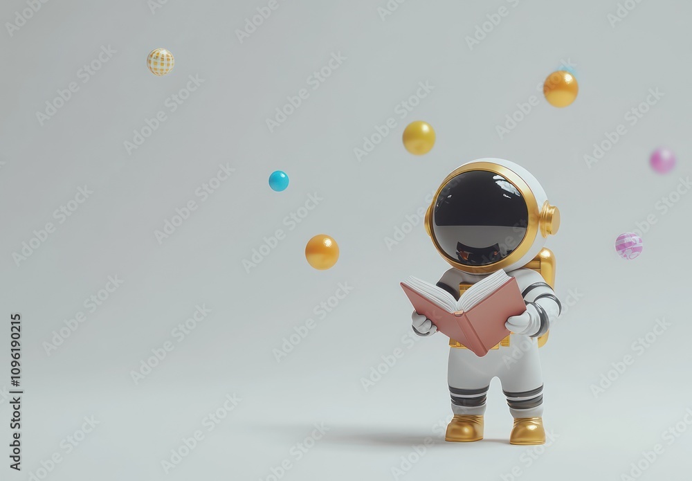 Aufkleber a cute astronaut reading a book with colorful floating spheres around.