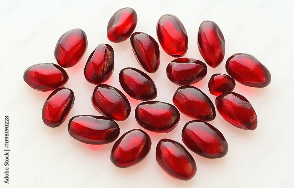 Leinwandbilder a collection of glossy red oval-shaped objects arranged on a light background.