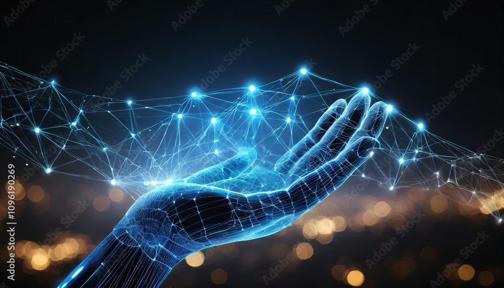 Poster digital hand hologram on a dark background with copy space featuring neural network connections and 
