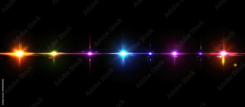 Poster multicolor neon light flares creating bokeh effects against a dark background illuminating motion tr