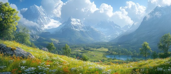 Obraz premium Breathtaking natural landscapes in a mountainous region showcasing lush greenery and majestic peaks under a clear blue sky.