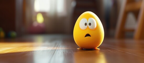 Cheerful animated yellow Easter egg with surprised expression on wooden floor in bright indoor setting