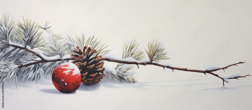 Poster pine branch with cone and red christmas ornament resting on snow creating a festive winter scene