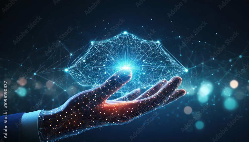 Poster digital hand hologram on a dark background featuring neural network connections, ai technology visua