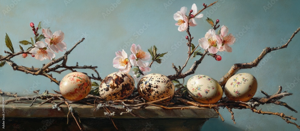 Poster decorative easter eggs adorned with blossoms on a rustic surface creating a charming springtime disp