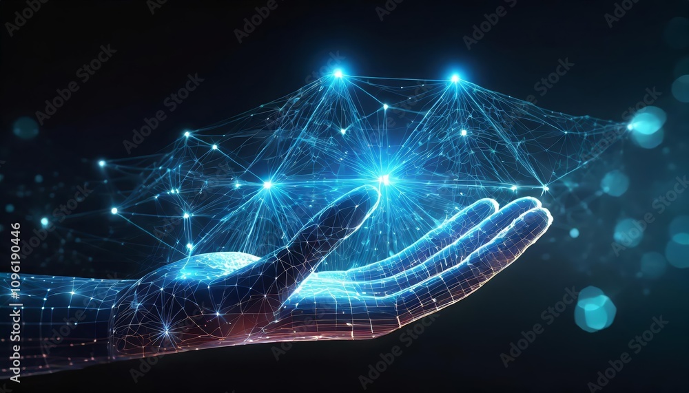 Poster futuristic digital hand hologram on dark background with copy space showcasing neural network connec