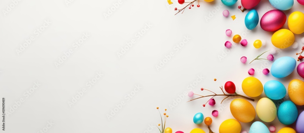 Poster vibrant easter eggs arranged dynamically on a light backdrop with ample blank space for festive mess