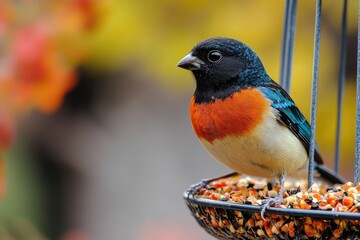 Varied bunting perched on bird feeder enjoying birdseed