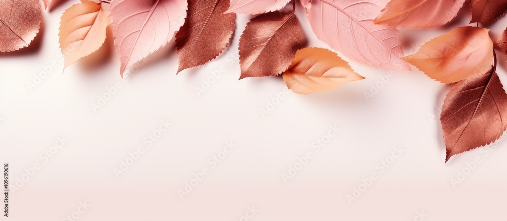 Poster flatlay composition of rose gold autumn leaves on a soft background with ample space for customizabl