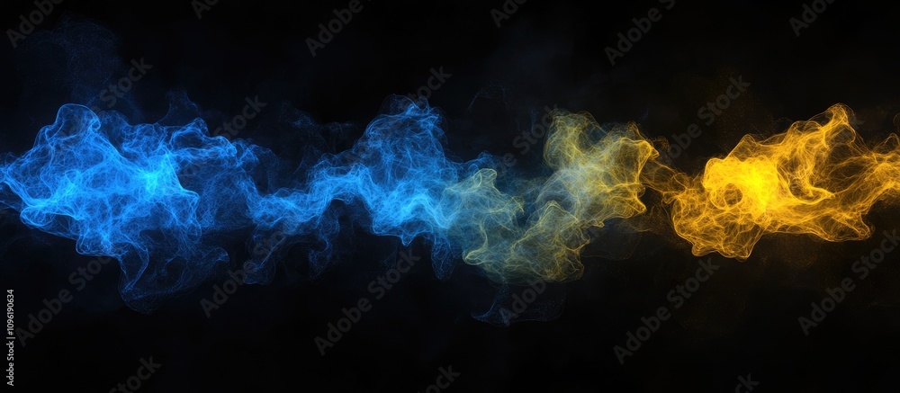 Poster vibrant blue and yellow wisps of light creating a dynamic visual effect against a dark background fo