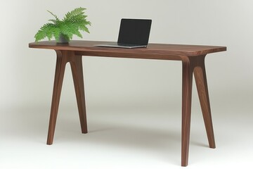 A modern wooden desk with a laptop and a potted fern, ideal for workspace aesthetics.