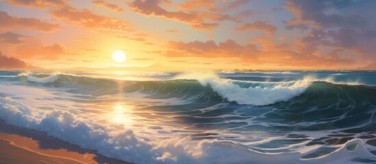 Fototapeta premium Tranquil ocean sunset with waves crashing on the beach illuminated by warm sunlight in a serene coastal landscape.