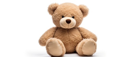 Obraz premium Classic soft teddy bear sitting on a white background perfect for childhood nostalgia or plush toy themes in advertising and design projects