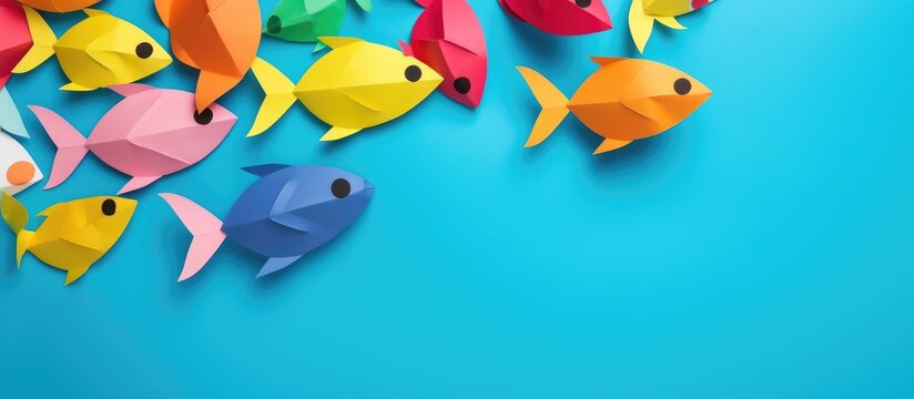 Colorful origami fish and sticky notes on vibrant blue backdrop for creative projects or educational themes.