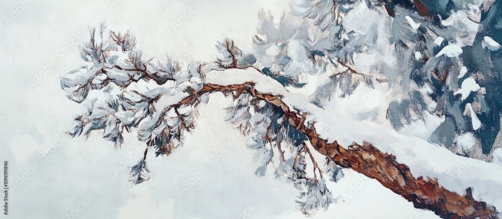Poster coniferous tree branch covered in snow creating a serene winter landscape with a soft snowy backgrou