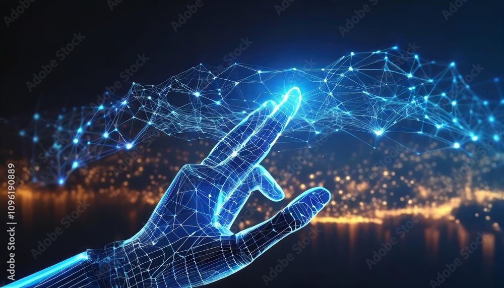 Poster futuristic digital hand hologram on dark background with copy space highlighting neural network conn