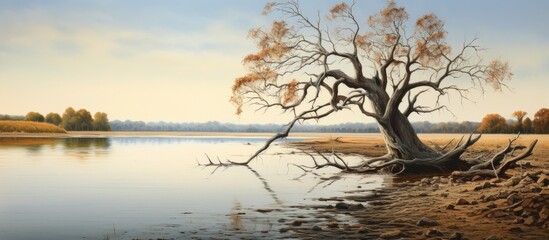 Serene riverbank landscape with a lifeless tree partially submerged in calm waters during a tranquil autumn afternoon