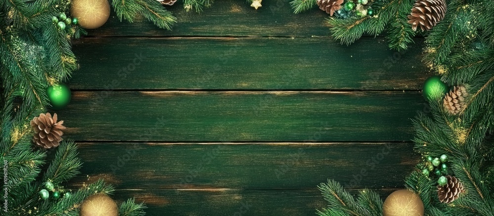 Poster christmas wooden backdrop decorated with fir branches ornaments and pinecones creating a festive fra